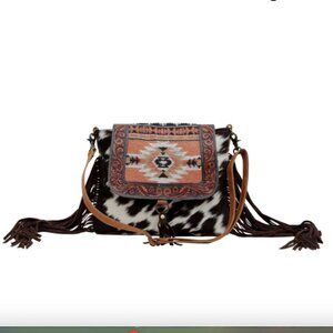 NWT Myra Bags Sansa‎ Azteca Hand-Tooled Bag Western Fringe Cow Print Crossbody
